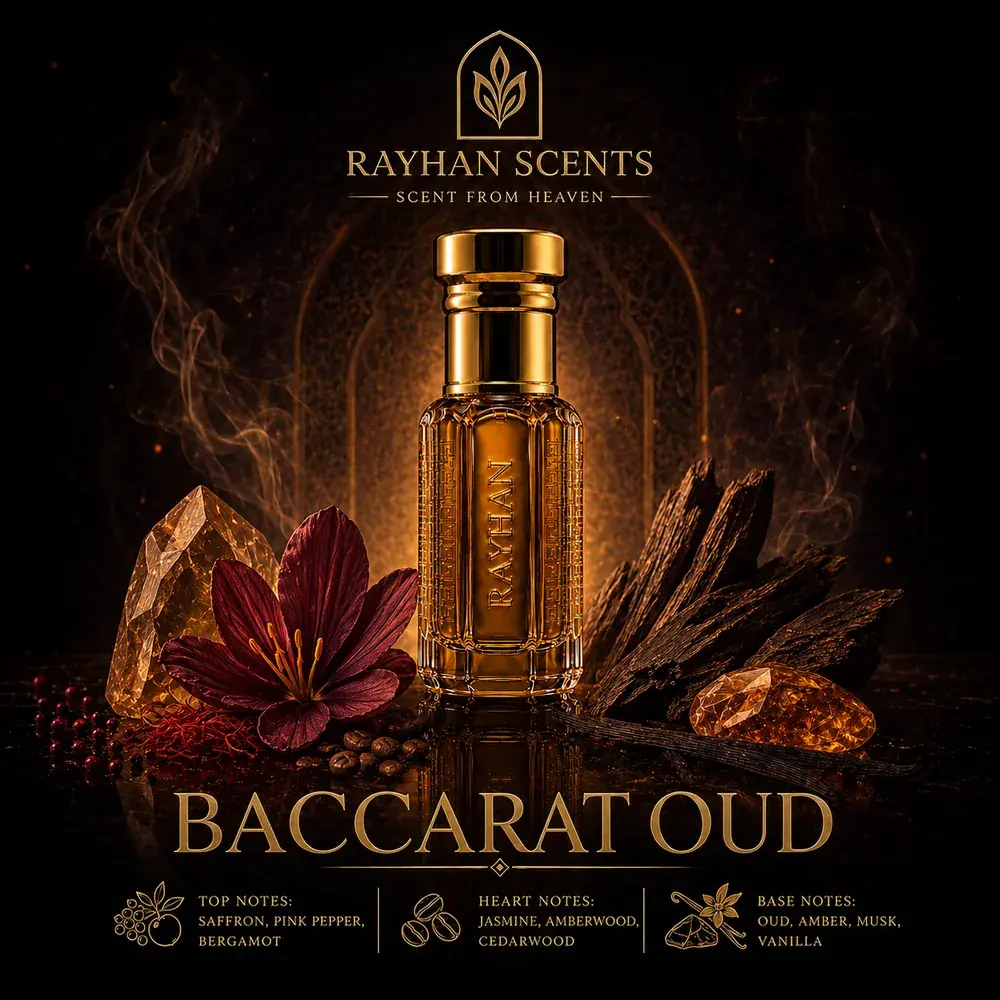 Baccarat Oud photographed among saffron threads, agarwood chips and amber resin, with smoke moving through the frame.