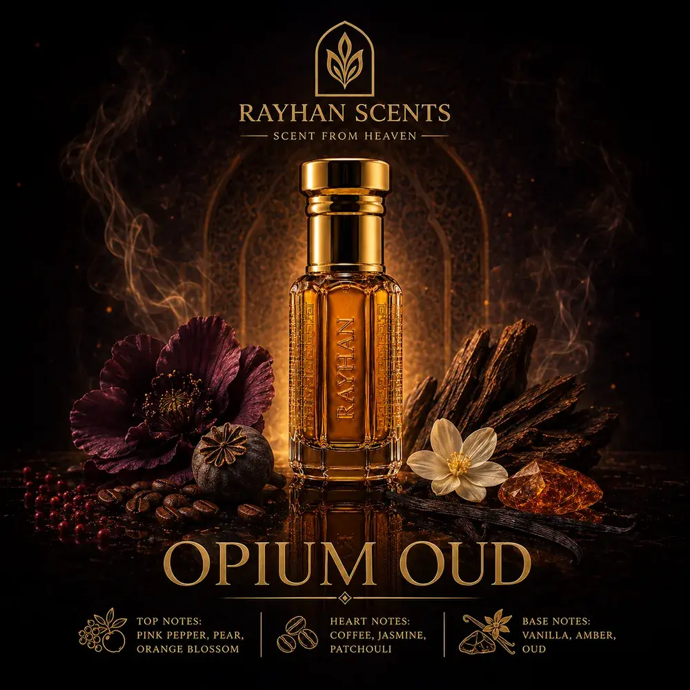 Opium Oud standing among dark blooms, roasted coffee beans and agarwood chips, smoke drifting across the frame.