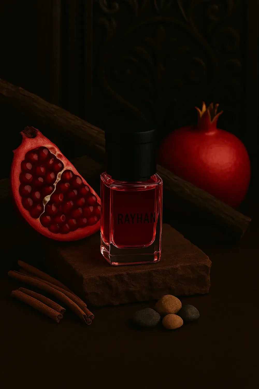 Rayhan Scents Pomegranate Musk in a red-filled bottle on a wooden block, flanked by a split pomegranate and cinnamon bark.